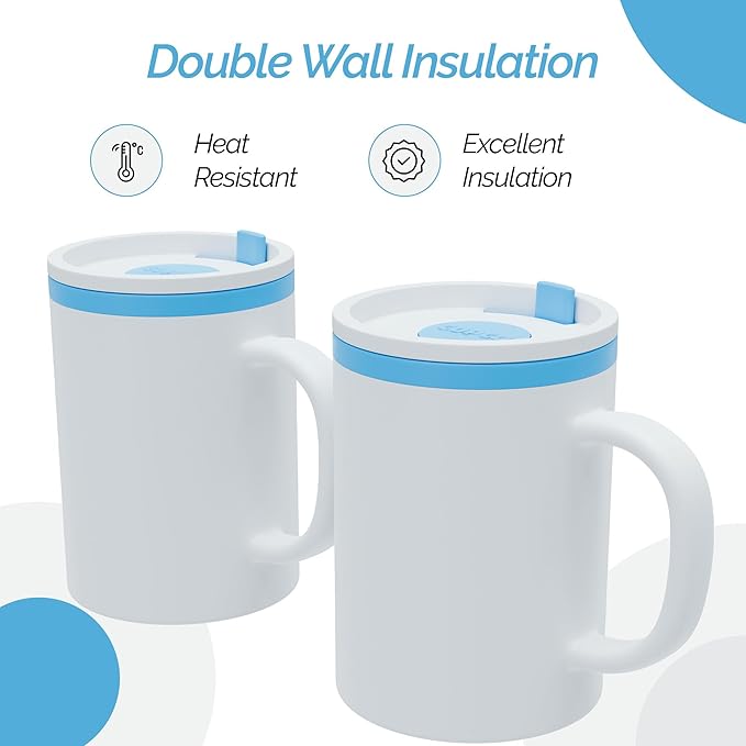 Copco Iconic 16oz Double Wall Insulated Desk Mug with Lid & Handle, Set of 2, BPA-Free Reusable Plastic, Spill-Proof, Microwave & Dishwasher Safe, Wide Mouth, Cup Holder Friendly (Teal)