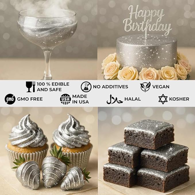 Bulk 20g Silver Edible Glitter for Drinks | Premium Edible Glitter for Cakes, Cocktails, Silver Cake Decorating Decorations Food Grade, Vegan, Kosher, Halal, Gluten Free - Made in USA