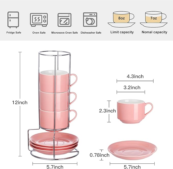 8 Ounce Porcelain Cappuccino Cups with Saucers and Silver Stand, Pink Cups Set of 4