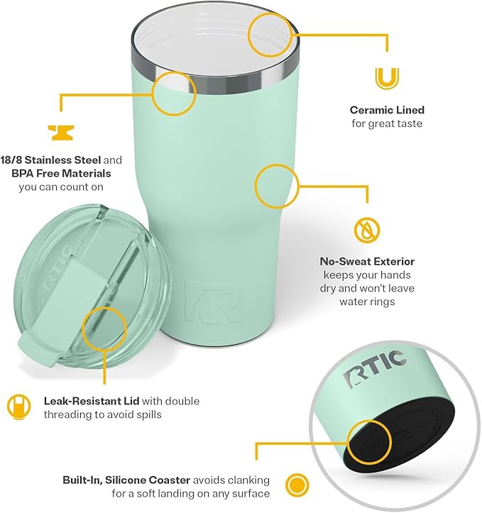 RTIC 30oz Essential Tumbler with Lid, Insulated, Stainless Steel, Metal, Double Wall Vacuum-Insulation, Ceramic Lined, Travel Cup for Iced Coffee, Tea, Hot and Cold Drink, Fresh Mint