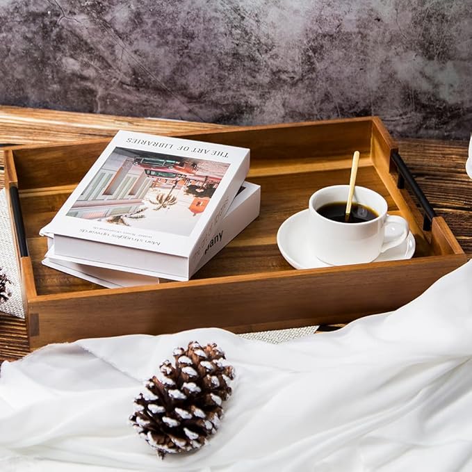 Extra-Large Wooden Tray Set of 2, (20.1'' + 18.1'') Serving Tray with Metal Handles, Rectangle Rustic Serving Trays for Breakfast, Used in Kitchen Counter, Coffee Table, Bedroom, Living Room