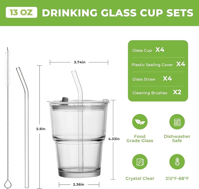 4 Pack 13 Oz Glass Cups with Lids and Straws Glass Iced Coffee Cups with Lids Vintage Glass Tumbler for Beer Ice Coffee Fruit Juice Elegant Aesthetic Cup Glassware Include 1 Cleaning Brushes