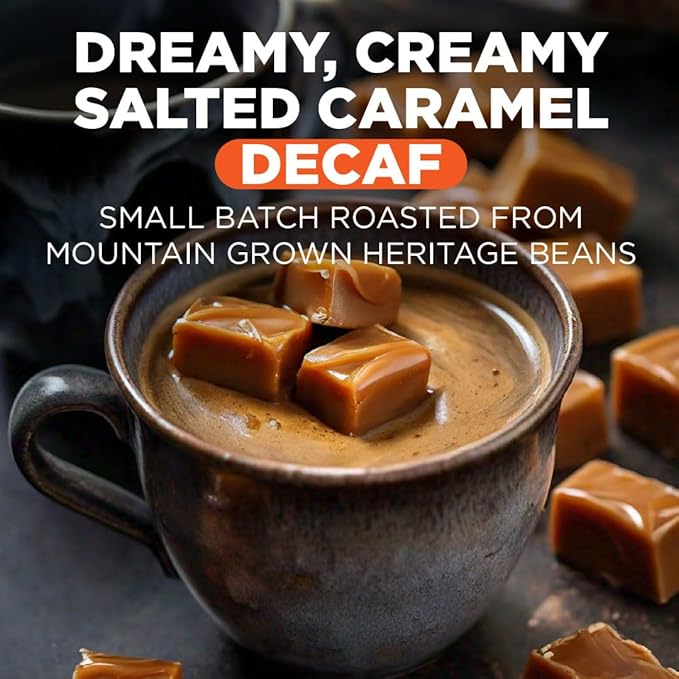 Maud's Decaf Salted Caramel Flavored Coffee Pods, 18 ct, Decaffeinated Medium Roast Flavored Coffee in Recyclable Single Serve Pods – 100% Arabica Beans, Compatible with Keurig K Cups Maker