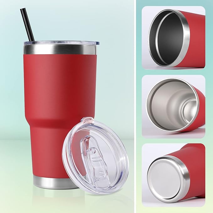 DOMICARE 30 oz Tumbler with Lid and Straw, Stainless Steel Tumblers Bulk, Insulated Vacuum Double Wall Travel Coffee Mug, Durable Powder Coated Tumbler Cups (Red, 4)