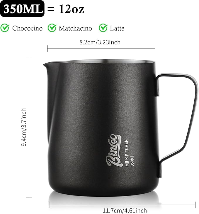 Milk Frothing Pitcher - 350ml/12oz Milk Frother Cup Espresso Steaming Pitcher for Barista, Bincoo SUS304 Stainless Steel Espresso Steaming Pitchers for Latte Art/Cappuccino/Coffee (Black-350ml)