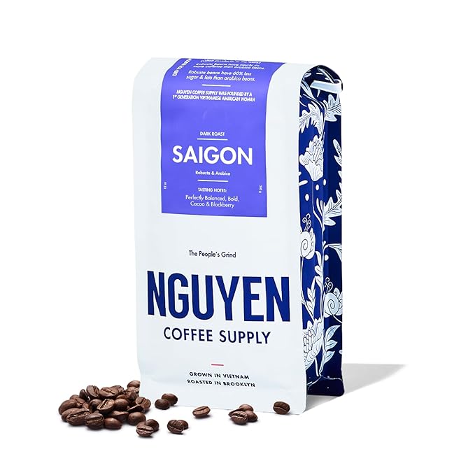 Nguyen Coffee Supply - Saigon Robusta & Arabica Blend: Dark Roast Premium Whole Coffee Beans, Vietnamese Single Origin, Low Acid with High Caffeine Content, Roasted in Brooklyn [12 oz Bag]