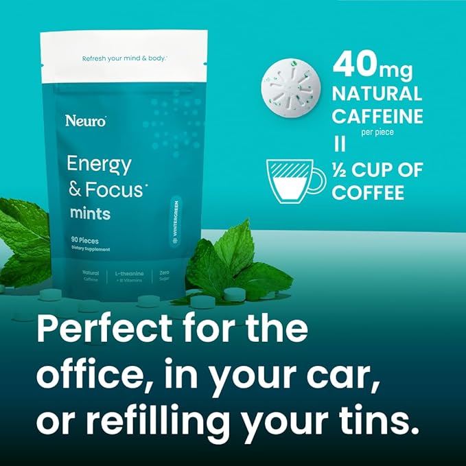 Neuro Energy & Focus Mints - Sugar Free Breath Mints with 80mg Natural Caffeine, B Vitamins & L-Theanine - Vegan Brain Supplement for Exercise, Study & Daily Focus - Wintergreen, 90 ct