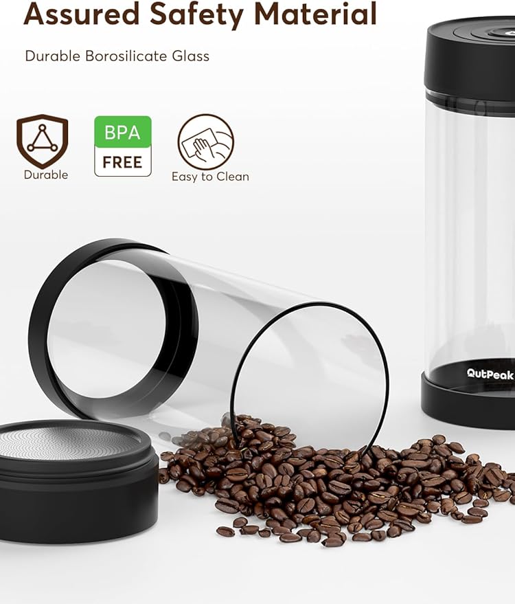 OUTPEAK Neo 2025 Automatic Vacuum Coffee Canister, 1.35L for 17.6oz Coffee Beans, One-Button Operation,Large Airtight Coffee Canister with Scoop,Coffee Storage Container Clear Glass(Champion's Choice)