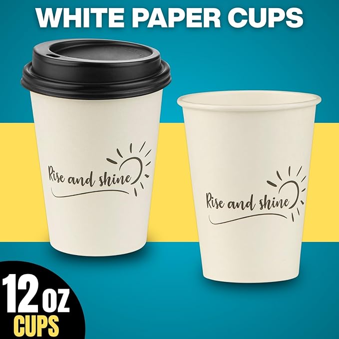 Smygoods Disposable Coffee Cups with Lids, To Go Paper Hot Cups, Rise and Shine Design (12 OZ, 50 Count) For Hot Beverages, Coffee, Tea, Espresso, Cocoa - Vasos Para Cafe