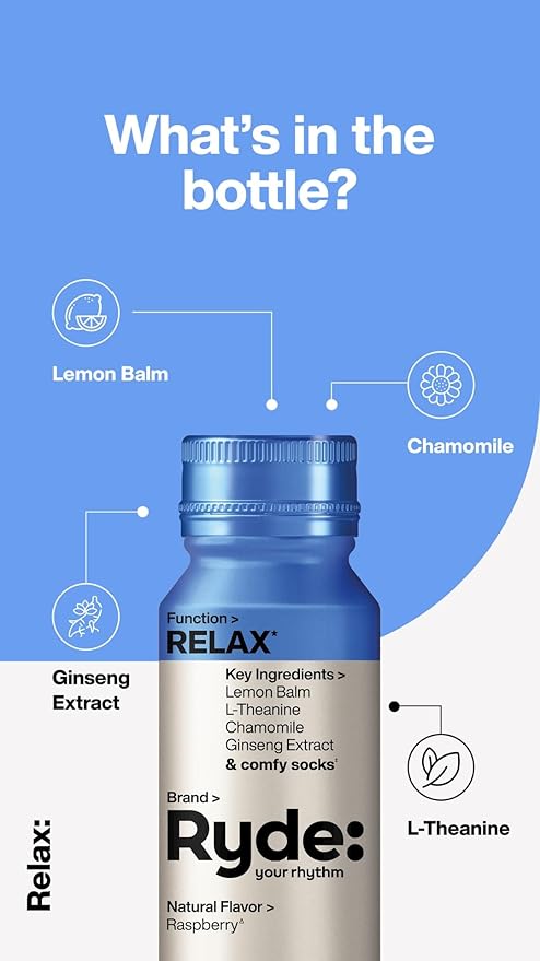 Ryde: Relax Shot | Raspberry Flavor | Lemon Balm, L-Theanine, Ginseng & Chamomile |0 Calories, 0 Sugar | 2 FL OZ Shots | Helps You Relax* (24 Pack)