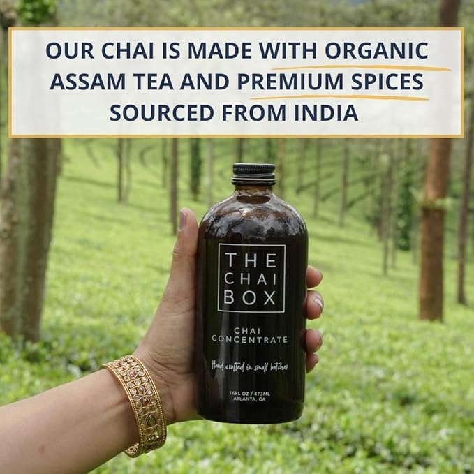 The Chai Box Sweetened Chai Tea Concentrate - Vegan, Gluten Free Chai Concentrate | 16 Ounce (Pack of 2) | Hot or Iced Black Tea Concentrate, Small Batch with Whole, Premium Spices