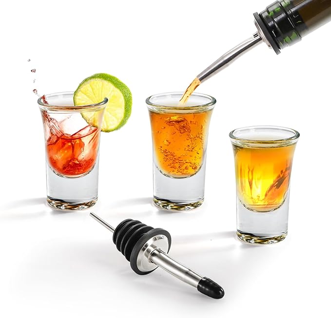 Tebery 30 Pack Shot Glass Bulk Heavy Base, 1.2 Oz Tequila Glass Set with 2 Bottle Pourer, Clear Small Whiskey Shot Glass Cups for Vodka, Liquors, Cocktail, Espressos, Bar