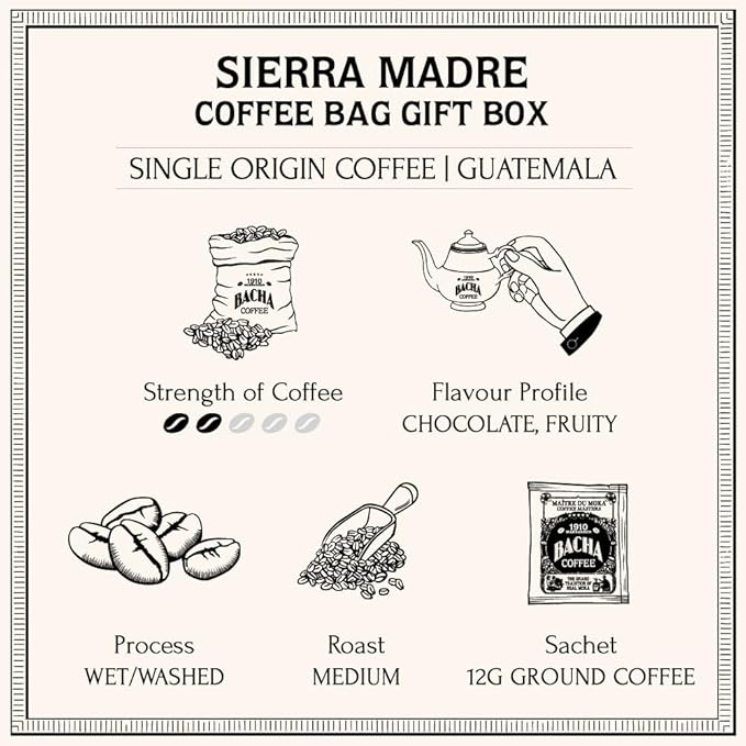 Bacha Coffee | Sierra Madre Guatemala Single Origin, Medium Roast, 100% Arabica Specialty Coffee, 12 Coffee Drip Bags, Gift Box