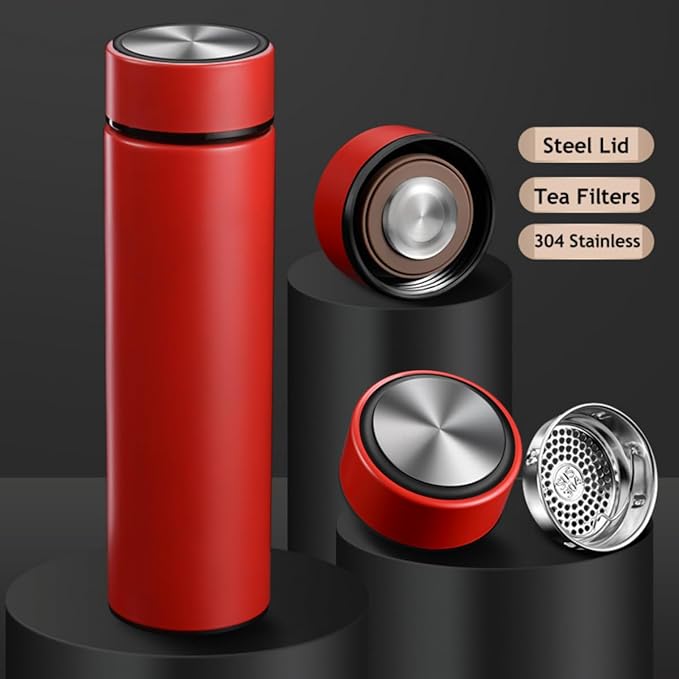 Insulated Water Bottles- Vacuum Tumbler for Coffee, Tea and Drinks with Stainless Steel Infuser - 15 oz Tea Thermo Travel Bottle/Keeps Drinks Hot or Cold for Hours/Gift Packing (Red)
