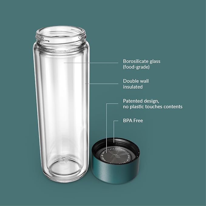 Glass Multi Tea Infuser Bottle 14oz - Double Wall Borosilicate Glass Flask | No Plastic Touches Contents | Perfect for Office or Home - Dark Green