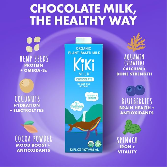 Kiki Milk Plant Based Milk - Organic Chocolate Milk - Calcium & Magnesium Source - Gluten Free, Gum Free, GMO Free, Dairy Free, Soy Free, Glyphosate Free - Shelf Stable - (32 oz • Pack of 6)