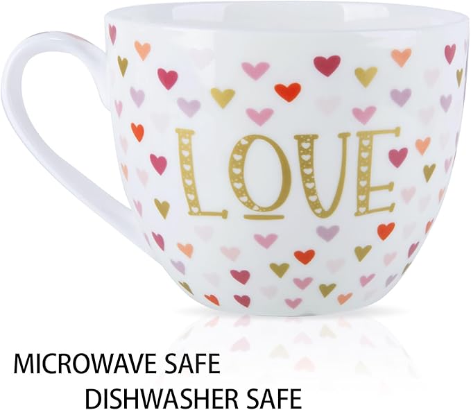 LOVE Mug with Hearts for Daily Coffee and Tea, Premium 20 oz Bone China Coffee Tea Hug Mug, Perfect Holiday, Valentine’s, and Birthday Gift for Loved Ones, Designed in England by Harvest Green Studio