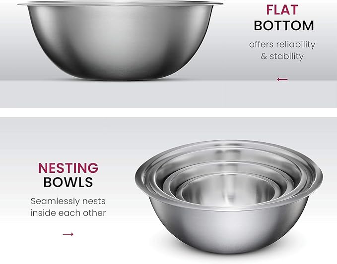 Stainless Steel Mixing Bowl Set, Nesting Bowls for Kitchen Baking, Cooking, Prepping, Kitchen Food Storage Organizers, No Lids (6 Pack)