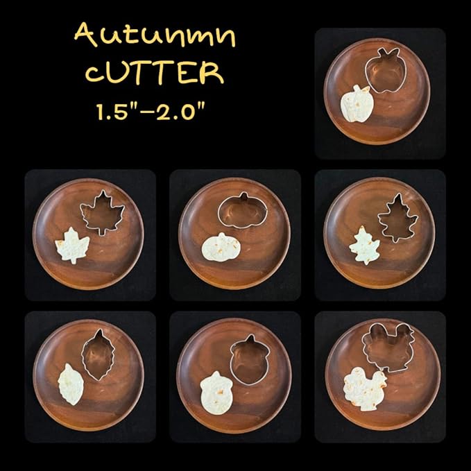 Mini Autumn Cookie Cutter Set-7 Piece-2.0 Inch-Diswasher Safe-Mini Autumn Leaf, Apple, Pumkin, Acorn, Maple, Turkey-Mini Baking Pie Crust Cutter for Thanksgiving