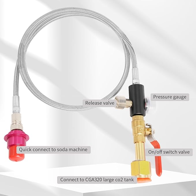 Soda Hose Kit Soda Maker Quick Connect Co2 Adapter with Flow Control Ball Valve Compatible with Gaia Terra DUO Art Soda Machine, 60inch High Pressure Stainless Steel Hose