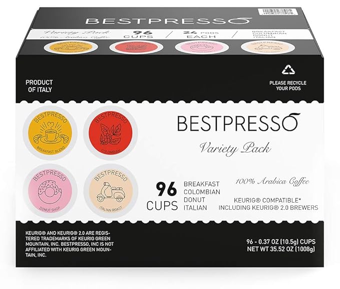 Bestpresso Coffee, Variety Pack Single Serve K-Cup Pods, 96 Count. Includes Breakfast, Colombian, Donut and Italian (Compatible With 2.0 Keurig Brewers) 8 Packs Of 12 Cups