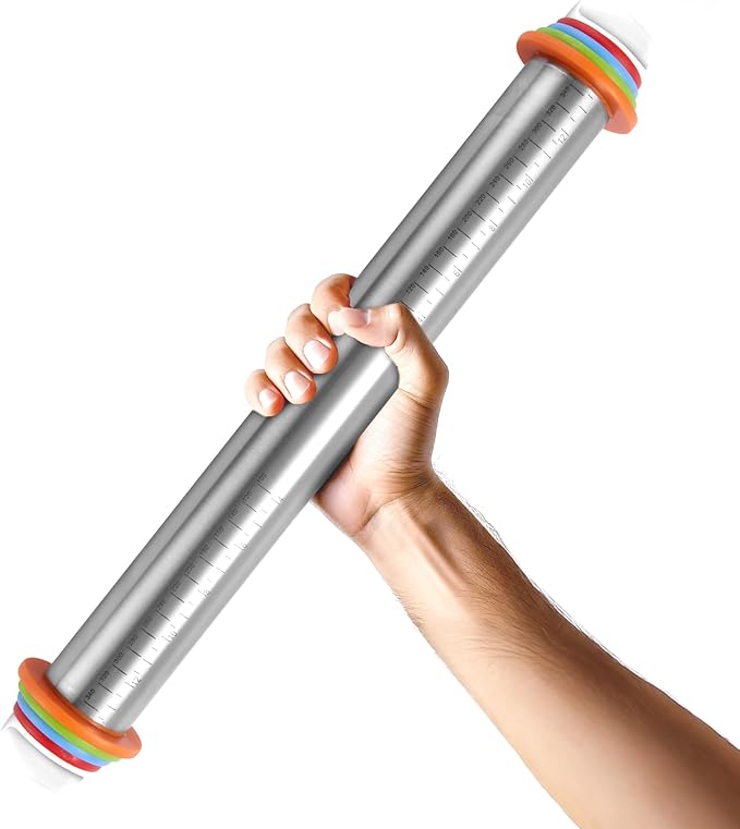 Adjustable Stainless Steel Rolling Pin with 4 Dough Thickness Rings & Non-Stick Red Pastry Mat – 17" Professional Tool for Baking Pizza, Pasta, Cookies & Pie Crusts