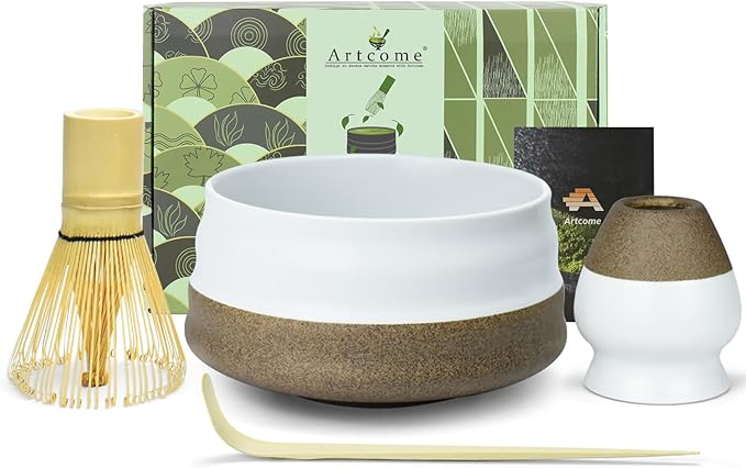 Artcome Premium Matcha Tea Set - 19.6oz Ceramic Bowl, Bamboo Whisk, Scoop, Whisk Holder & Brewing Guide - Authentic Japanese Tea Ceremony Tools for Matcha Preparation