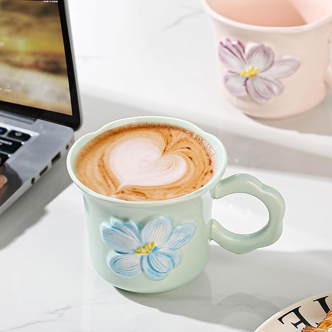 Cute Floral Coffee Mug Set of 4-12oz Ceramic Flower Embossed Cups with Petal Handles, Dishwasher and Microwave Safe