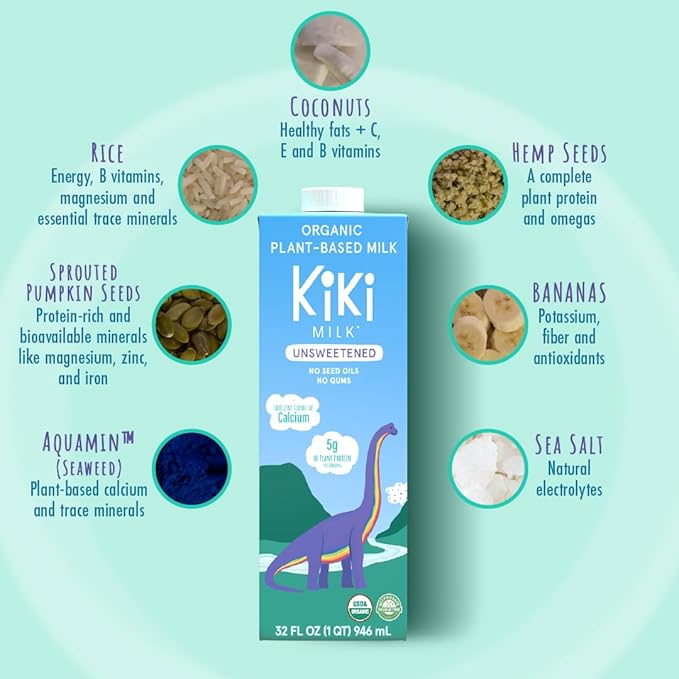 Kiki Milk Plant Based Milk - Organic Unsweetened Kiki Milk - Calcium & Magnesium Source - Gluten Free, Gum Free, GMO Free, Dairy Free, Soy Free, Glyphosate Free - Shelf Stable - (8 oz • Pack of 12)