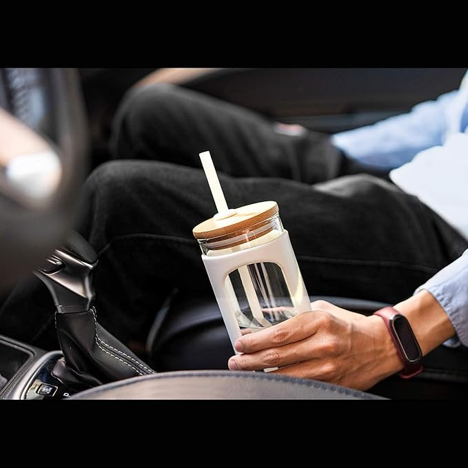 Kodrine 20oz Glass Tumbler with Straw and Lid, Bamboo Lids Water Bottle, Reusable Iced Coffee Cups, Wide Mouth Smoothie Cup with Protective Silicone Sleeve BPA FREE-Purple-2pack