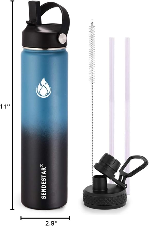 SENDESTAR Water Bottle 24oz Double Wall Vacuum Insulated Leak Proof Stainless Steel Sports Water Bottle—Wide Mouth with New Flex Straw Lid & Spout Lid (Deep Blue&Black)