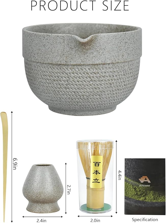 Artcome Minimalist Matcha Tea Set – 4-Piece Japanese Matcha Kit with Matte Speckled Ceramic Bowl & Spout, Bamboo Whisk, Holder, Scoop & Manual – Zen-Inspired Wabi-Sabi Tea Ceremony Gift Set