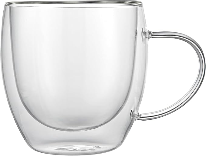 Restaurantware-Forma Professional 8.5 Ounce Glass Coffee Cups, 2 Insulated Coffee Cups With Handle - Dishwashable, Reusable, Clear Double Wall Beverage Tumblers, Freezable, For Hot Or Cold Beverages