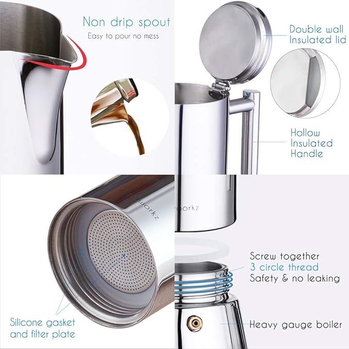 Easyworkz Diego Stovetop Espresso Maker Stainless Steel Italian Coffee Machine Maker 12Cup 17.5 oz Induction Moka Pot