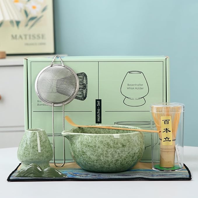 Matcha Set, 7 Pieces, Matcha Bowl with Spout, Whisk, Holder, Bamboo Scoop, Stainless Steel Sifter Matcha color