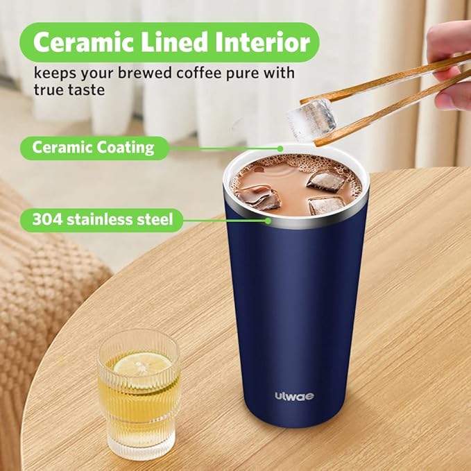 Insulated Coffee Mug with Ceramic Coating, 18oz Travel Mug with Leak-proof Lid, Vacuum Double-wall Tumbler, Stainless Steel Thermal Cup for Tea, Hot Cocoa, Cold Beverage, Ice Drinks