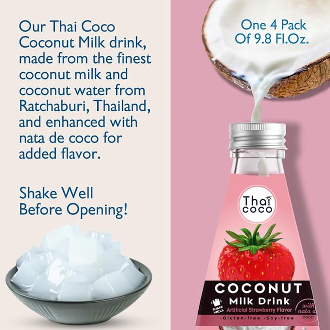 Thai Coco - Strawberry Coconut Milk Drink with Nata De Coco - 9.8 fl. oz. 4 Pk