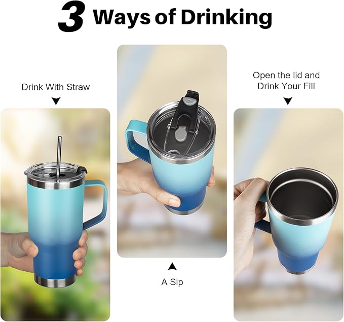 20 oz Tumbler with Handle, Stainless Steel Insulated Tumbler with Lid and Straw, Double Wall Vacuum Coffee Mug Tumbler,Insulated Coffee Thermal Cup for Cold and Hot(Light Dark Blue)
