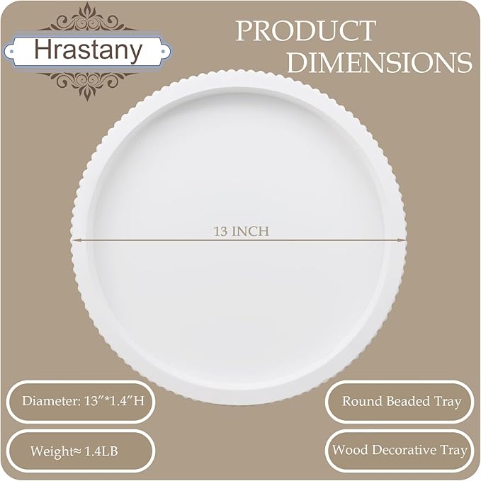 Round Wood Serving Tray with Beaded, 13” Rustic Wooden Decorative Coffee Table Tray for Centerpiece, Ottoman, Farmhouse Circle Trays for Counter, Living Room, Home Decor (White)
