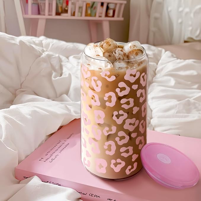 SANDJEST Leopard Glass Bottle, Pink Leopard Print Glass Cup with Lid & Straw, Iced Coffee Aesthetic Glass Can, Gifts for Women, Christmas Birthday Mother's Day