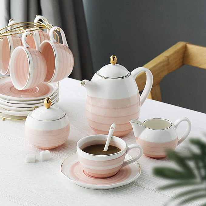 Sweejar Porcelain Tea Sets, 8 OZ Cups & Saucer Service for 4, Teapot Sugar Bowl Cream Pitcher Teaspoons and Tea Strainer for Adult Tea Coffee Afternoon Party (Pink)