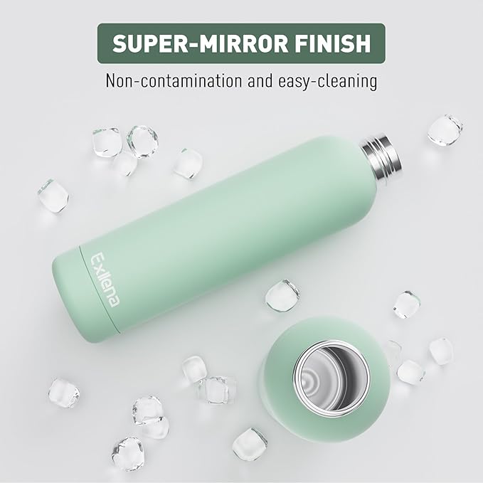 Slim Insulated Water Bottles for Travel 32oz with Clip, Double Wall Vacuum Stainless Steel Water Bottle Keeps Drinks Cold 24 Hrs/Hot 12 Hrs, 100% Leakproof, BPA Free(Mint)