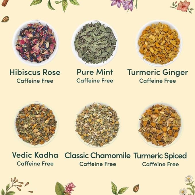 VAHDAM, Assorted Herbal Tea Variety Pack (6 Variants, 36 Tea Bags) Caffeine Free, Gluten Free, Non GMO | Eco Friendly Long Leaf Pyramid Tea Bags I Tea Gift Sets for Men and Women