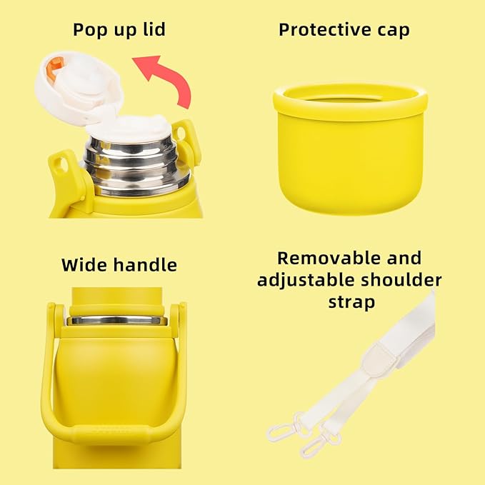 BJPKPK Insulated Thermos 40oz Disherwasher Safe Water Bottle with Handle and Lid Stainless Steel Water Bottles For Cold and Hot Beverages,Yellow