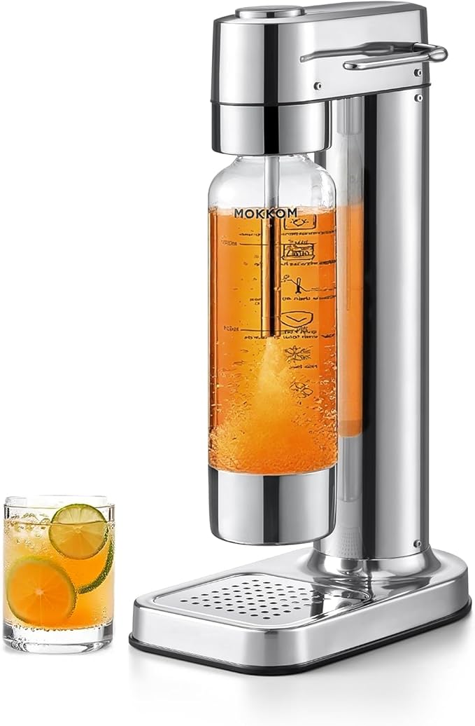 MOKKOM Sparkling Water Maker, Soda Streaming Machine with 1L PET Carbonating Bottle, Carbonates Any Drink, Soda Maker Compatible with 60L CO2 Carbonator (NOT Included) - Stainless Steel