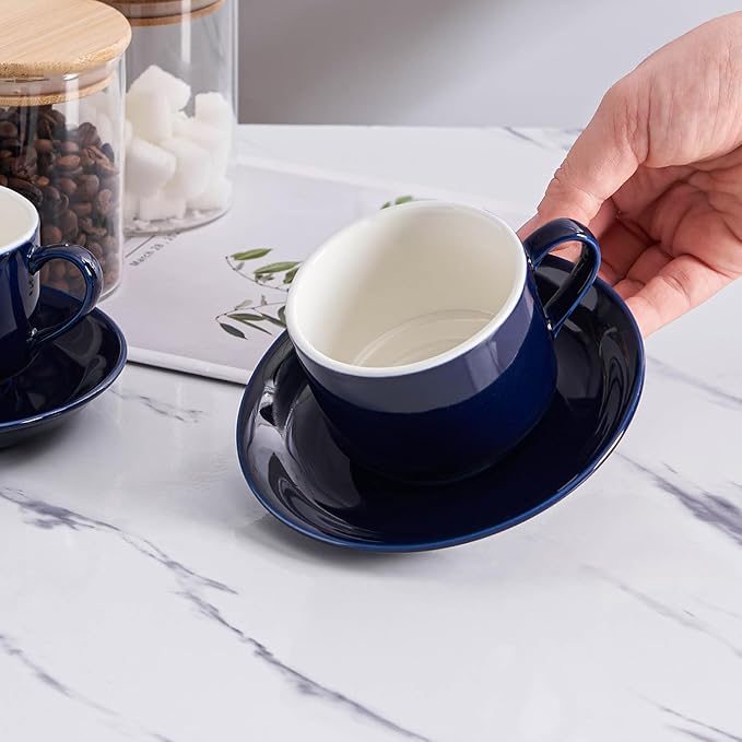 YOLIFE 8oz Porcelain Stackable Cappuccino Cups with Saucers and Metal Stand Set of 4, Coffee cups for Espresso, Specialty Coffee Drinks, Latte, Americano and Tea - Blue
