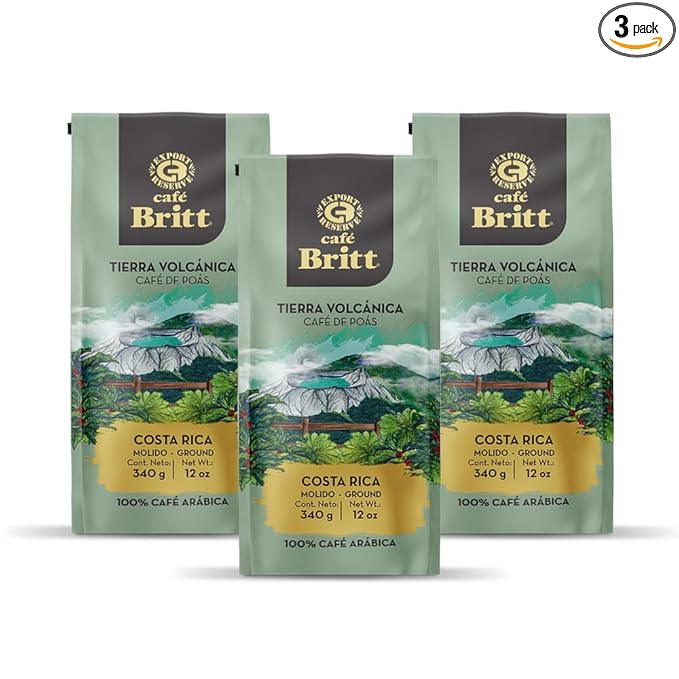 Café Britt® - Costa Rican Poas Tierra Volcanica Coffee (12 oz.) (3-Pack) - Whole Bean, Arabica Coffee, Kosher, Gluten Free, 100% Gourmet & Medium Light Roast
