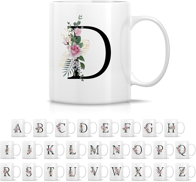 Retreez Initial A-Z Floral Botanical Bouquet Alphabet Monogrammed Monogram Mug 11 Oz Ceramic Tea Coffee Mugs - Appreciation Thank You Wedding Birthday Gifts for her friend coworker sister - D Initial