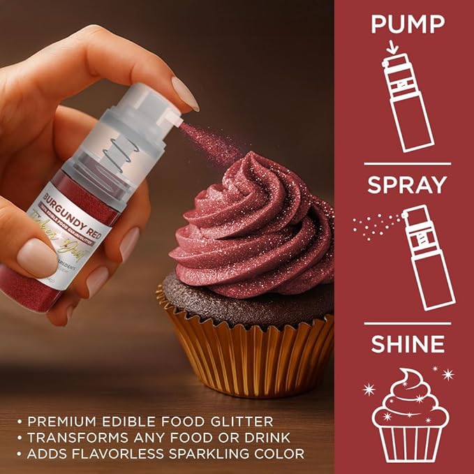 Bakell - Burgundy Red Tinker Dust (4g, 1x Mini Spray Pump) Edible Glitter for Food, Desserts, and Beverages!