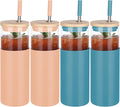 Glass Tumbler w/Lids & Straw - 24oz Reusable Mug w/Bamboo Lid & Stainless Steel Straw - BPA-Free, Leak-Proof, Dishwasher Safe for Coffee, Smoothies, Hot Beverages, Travel, Office, Home Use，4-PK